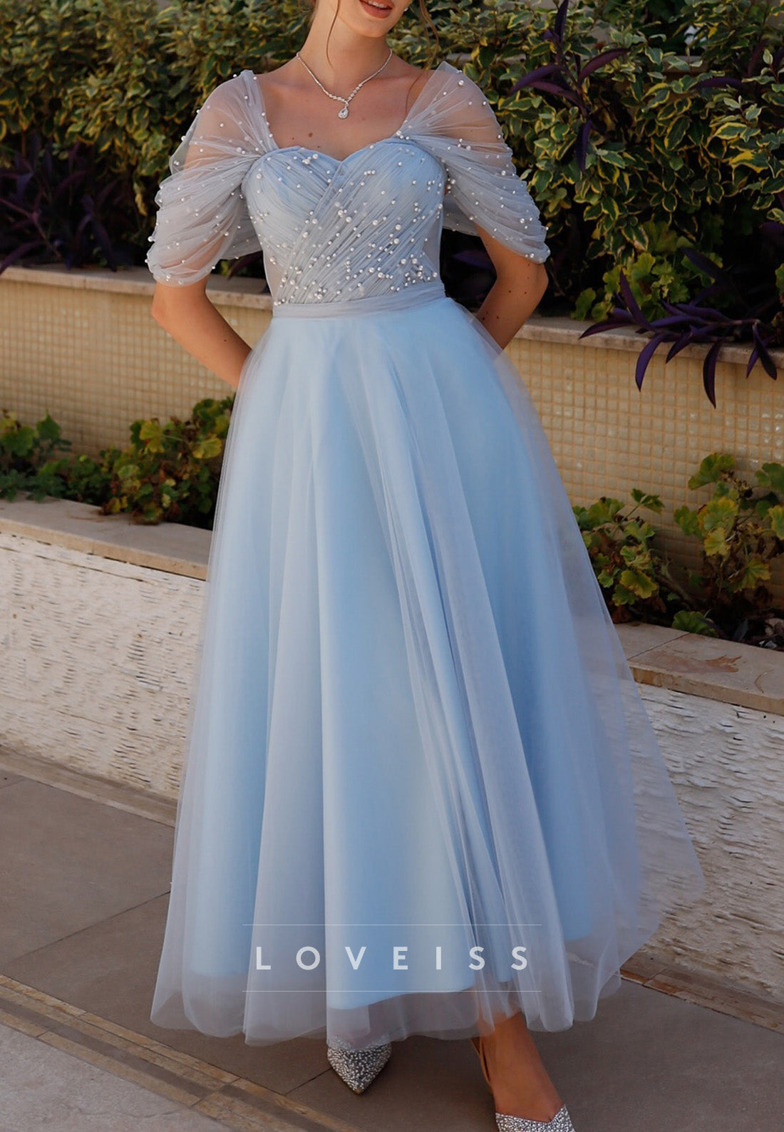Princess Off-Shoulder Pearl Tulle A-Line Prom Dress