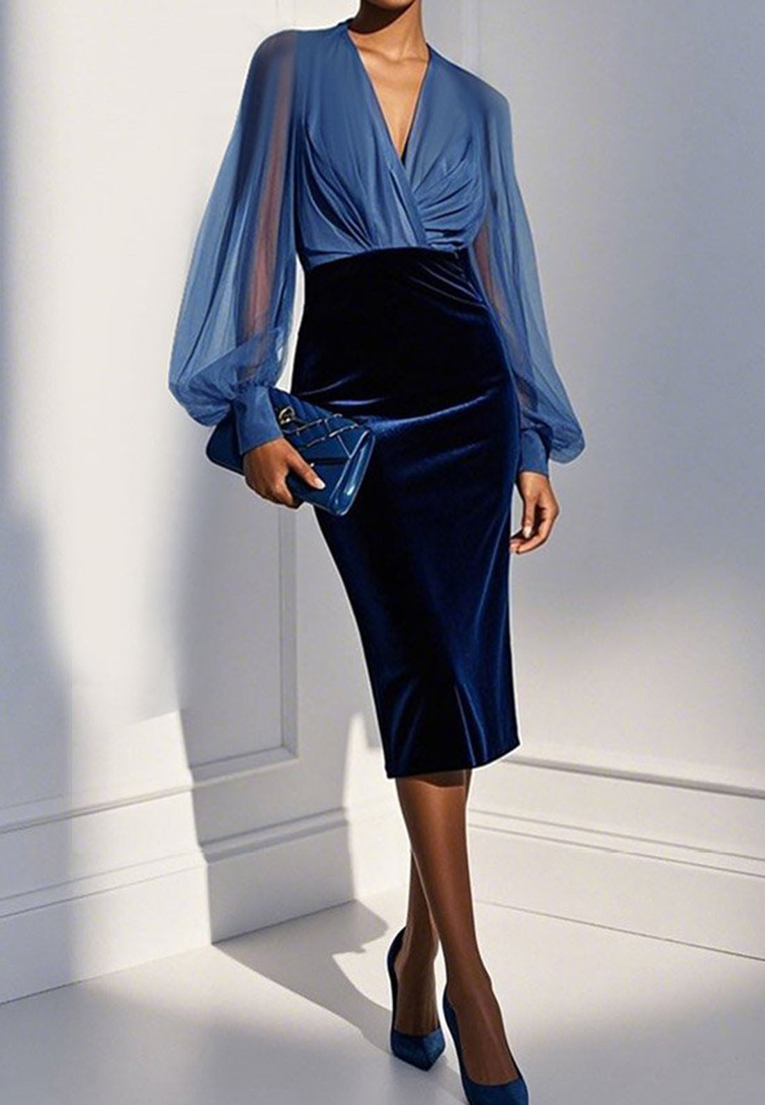 Purplish Blue Mesh Split Joint Balloon Sleeve Sheath Midi Velvet Dress