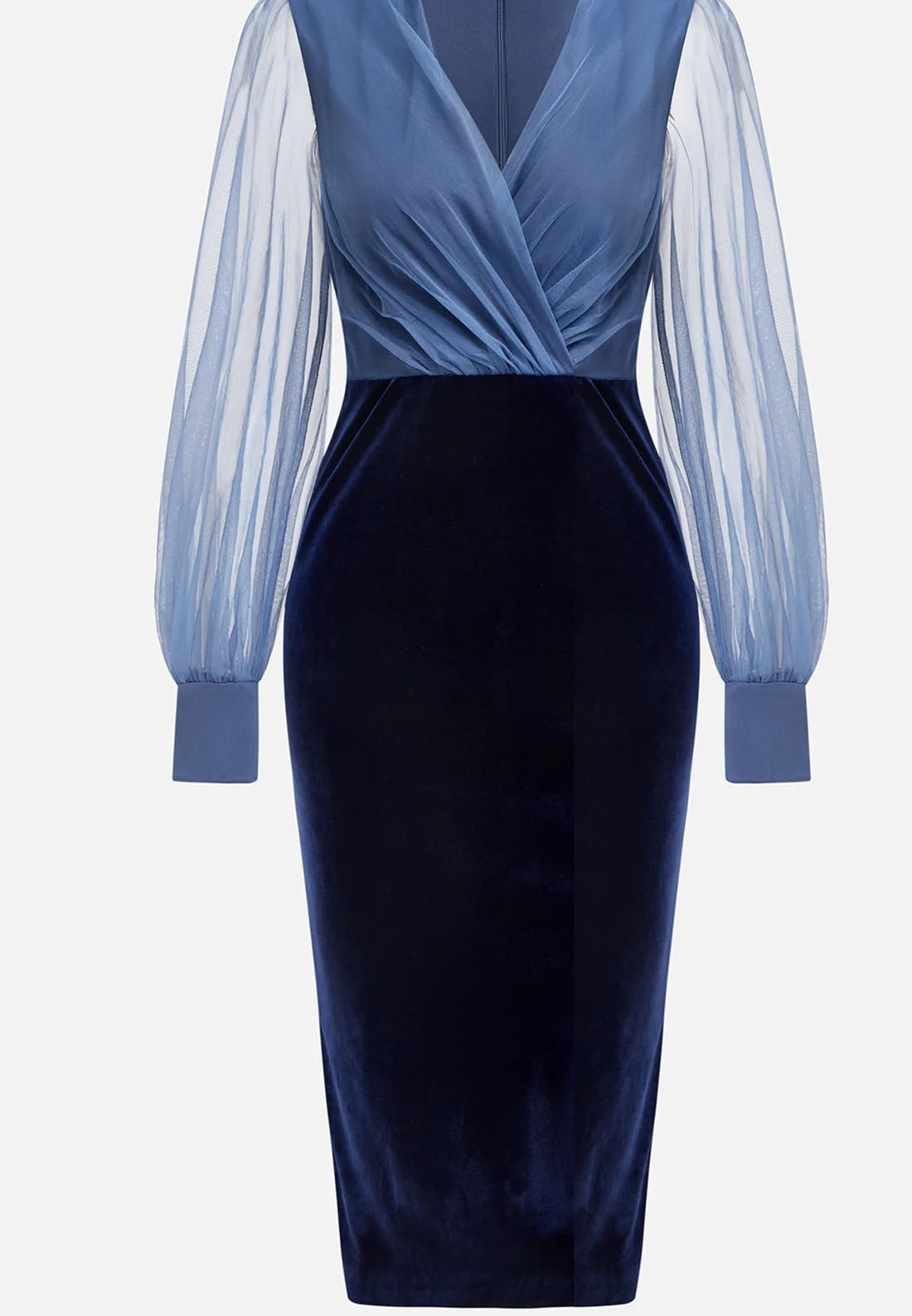 Purplish Blue Mesh Split Joint Balloon Sleeve Sheath Midi Velvet Dress