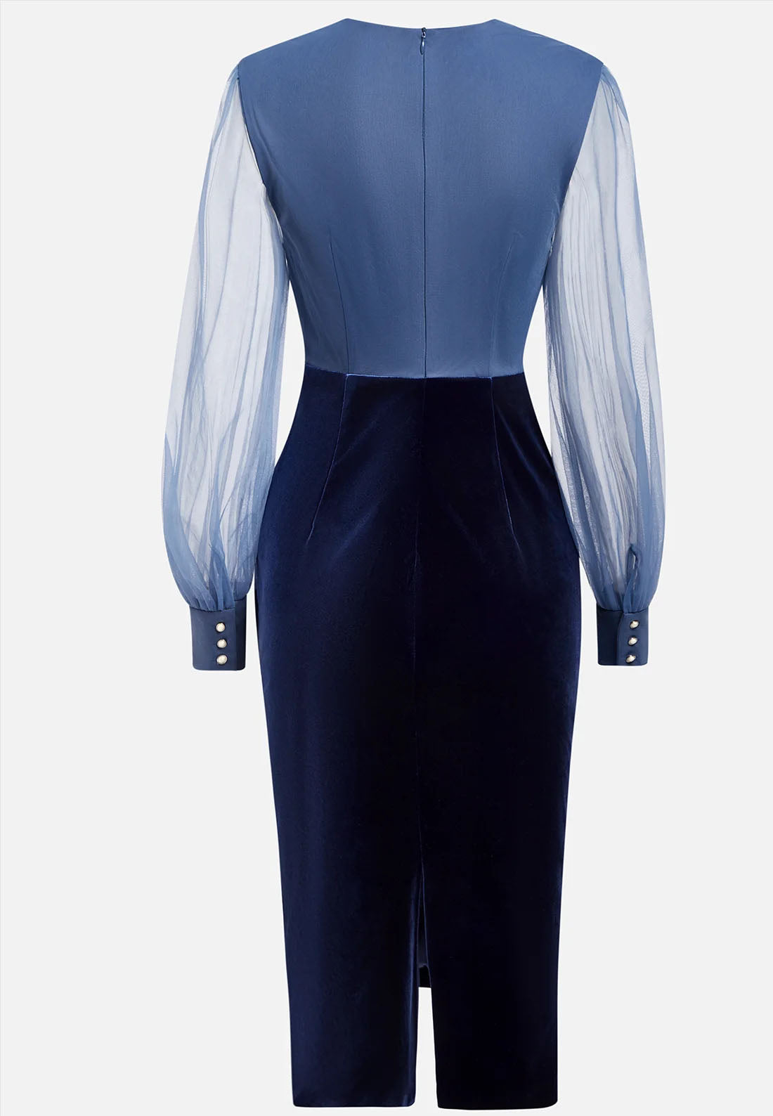 Purplish Blue Mesh Split Joint Balloon Sleeve Sheath Midi Velvet Dress