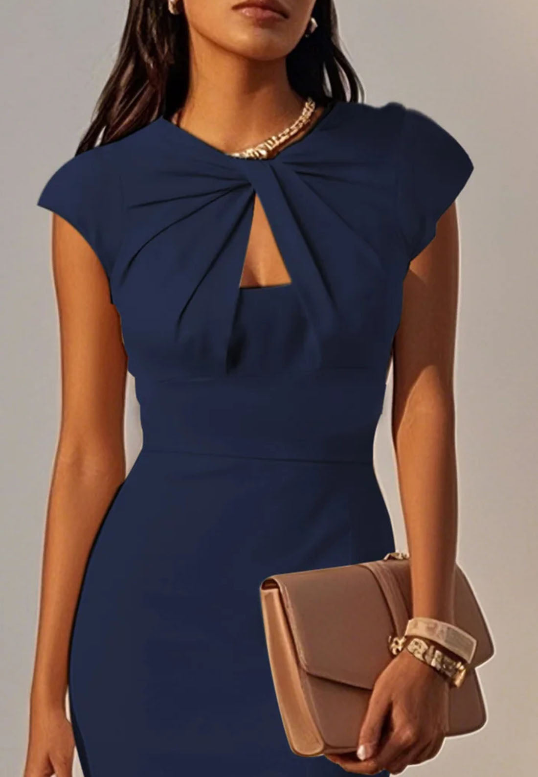 Purplish Blue Ruched Crew Neck Sleeveless Sheath Midi Dress