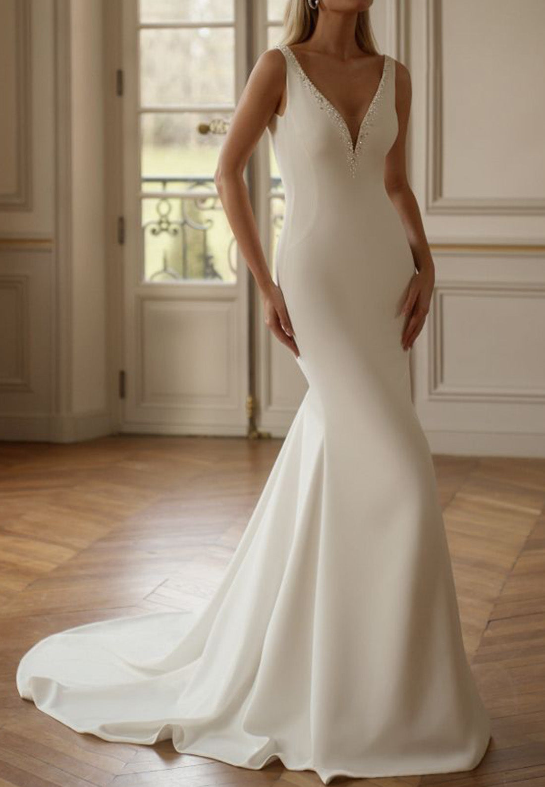 V-Neck Straps Appliques Sleek Removable Train Mermaid Wedding Dress