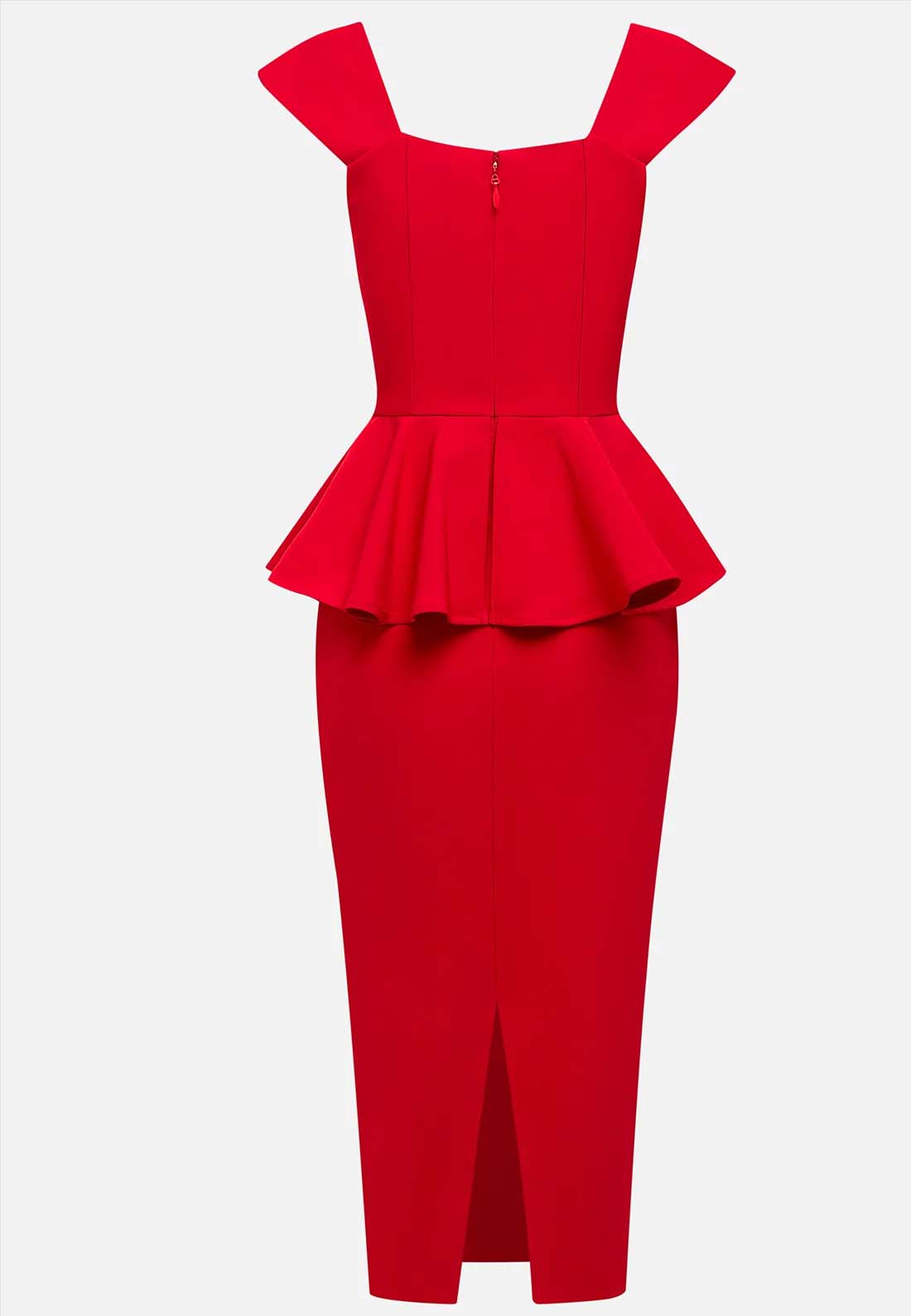 Red Peplum Square Neck Sleeveless Sheath Midi Dress