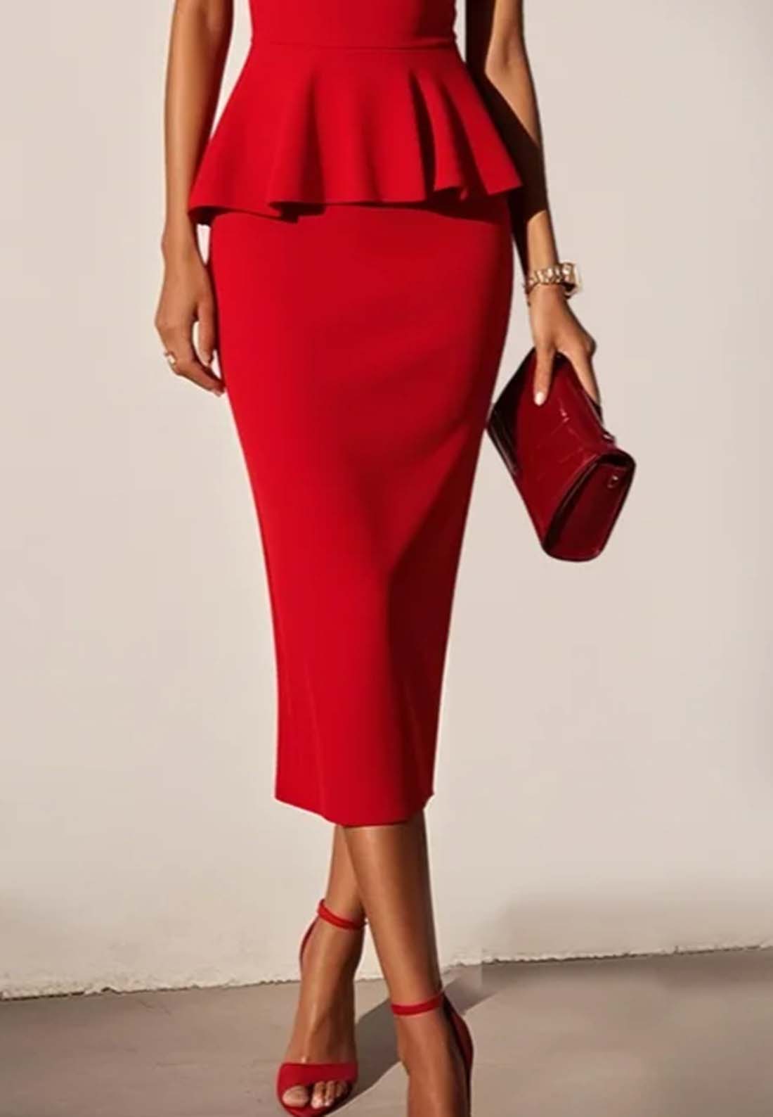 Red Peplum Square Neck Sleeveless Sheath Midi Dress