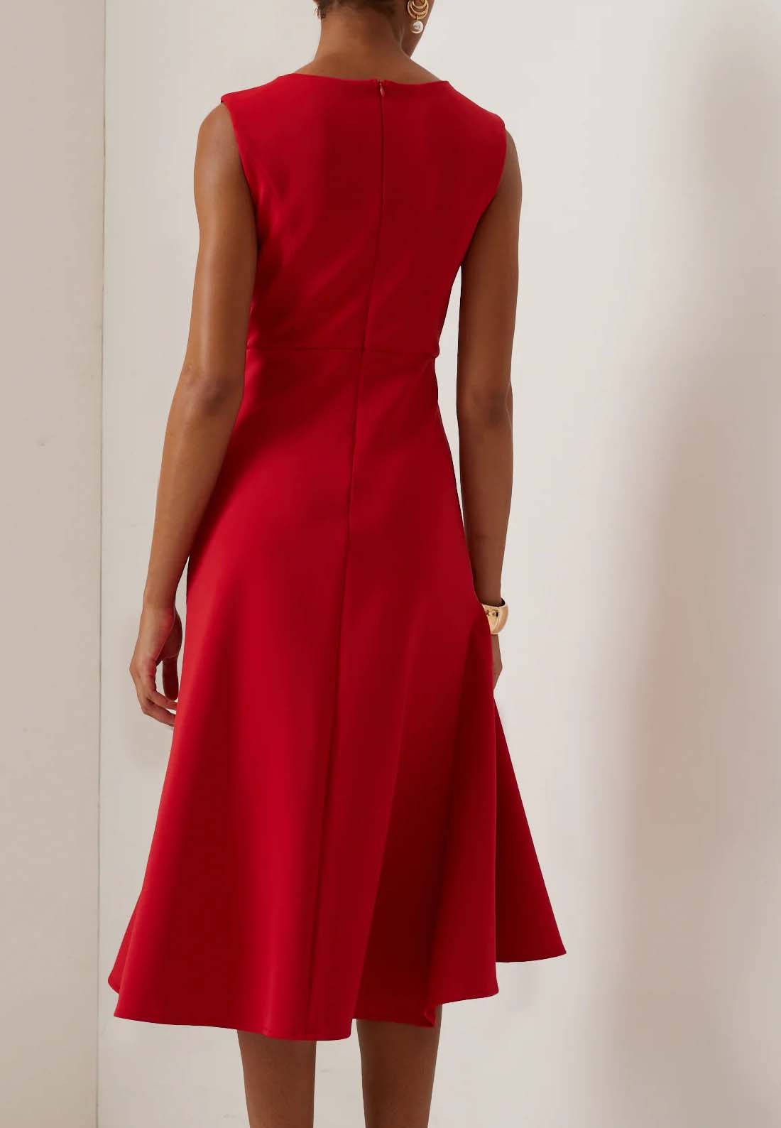 Red Sleeveless Midi Elegant A-line Dress with Waist Twist for Day-to-Night
