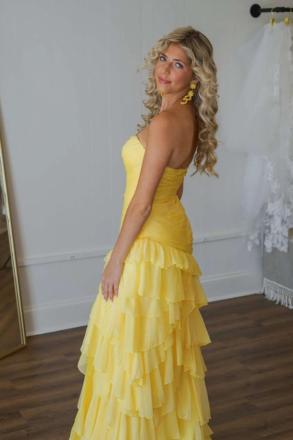 Ruched Ruffle Fitted Yellow Long Prom Dress with Slit