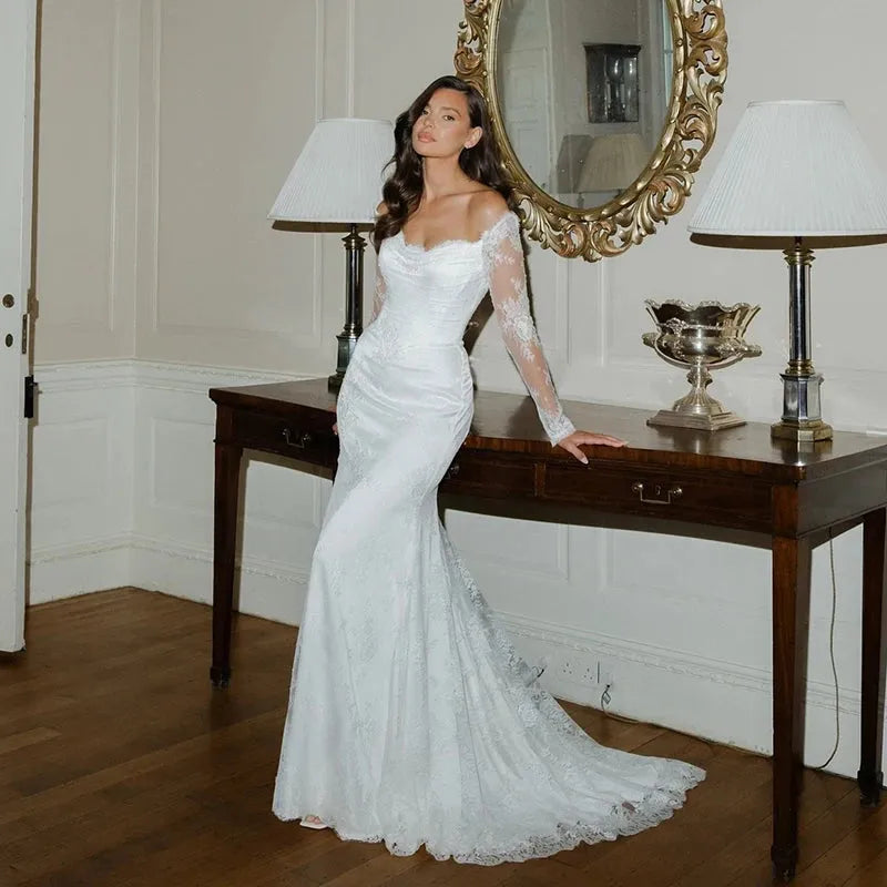 Women Mermaid Wedding Dresses Off The Shoulder Long Sleeve Lace Bride Dress Boho Beach Wedding Gowns