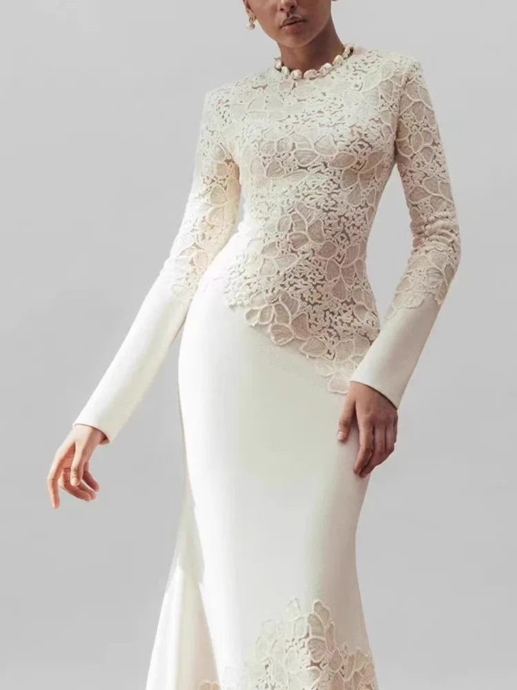 Scoop Long Sleeves Lace Appliques Mermaid Evening Dress