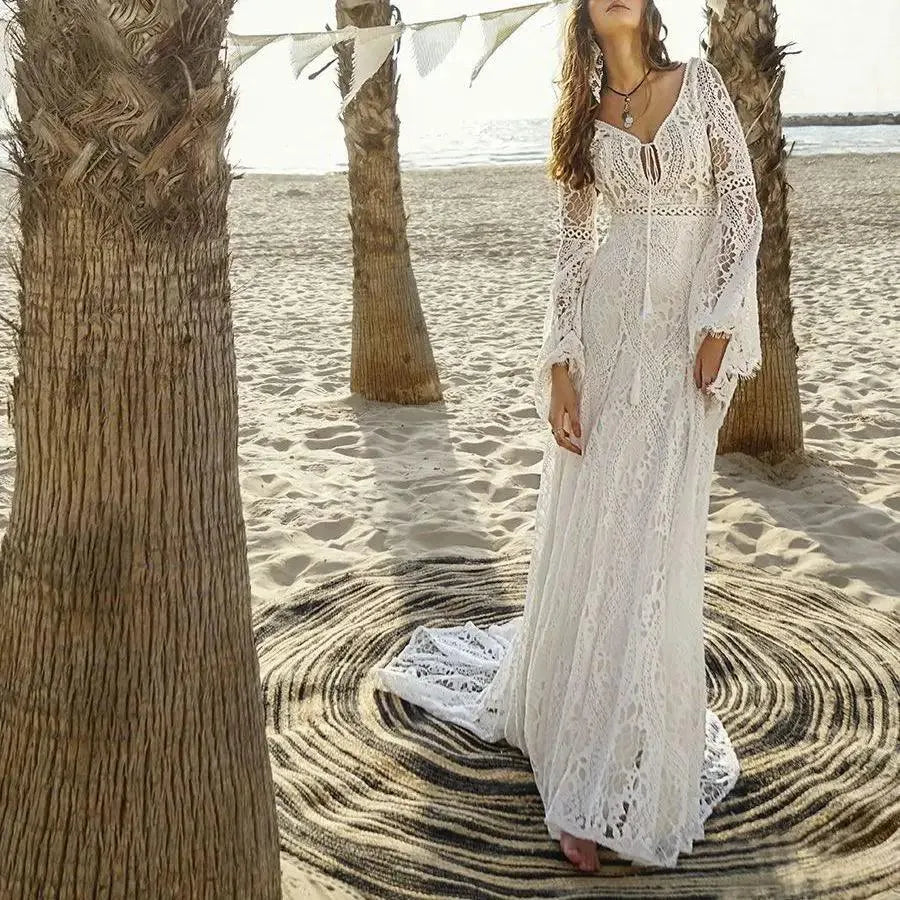 Beach Boho Wedding Dresses V Neck Bell Sleeve Backless Hollow Out Lace Bridal Gown