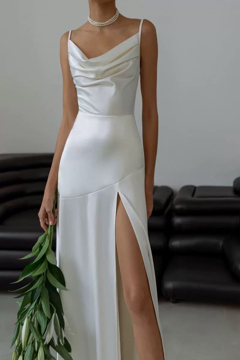 Gorgeous Mermaid Spaghetti Straps Floor-length White Slit Evening Dress Prom Dresses