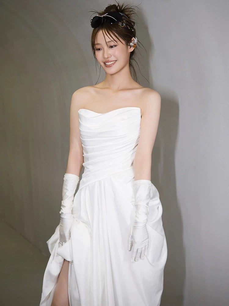 Unique Mermaid Sweetheart Pleats White Satin Ruffles Wedding Dresses