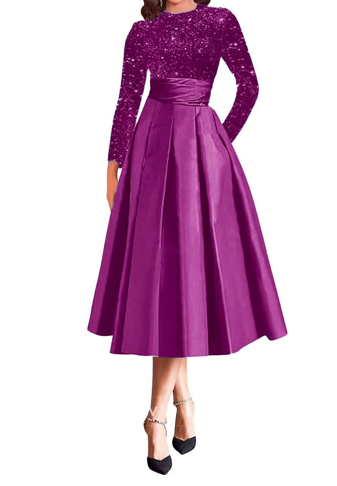 A Line High Neckline Sequins Long Sleeves Mother of the Bride Dress with Pockets