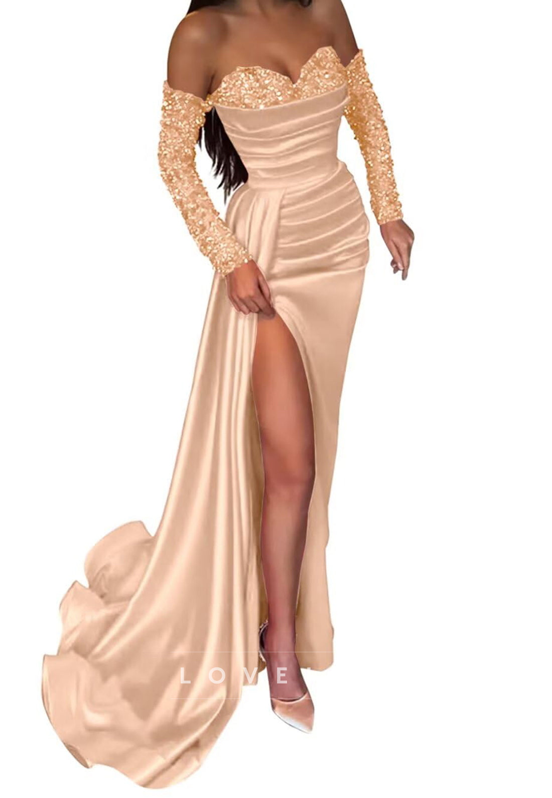 Sweetheart Sleeveless Sequins Ruched High Slit Sheath Prom Dress