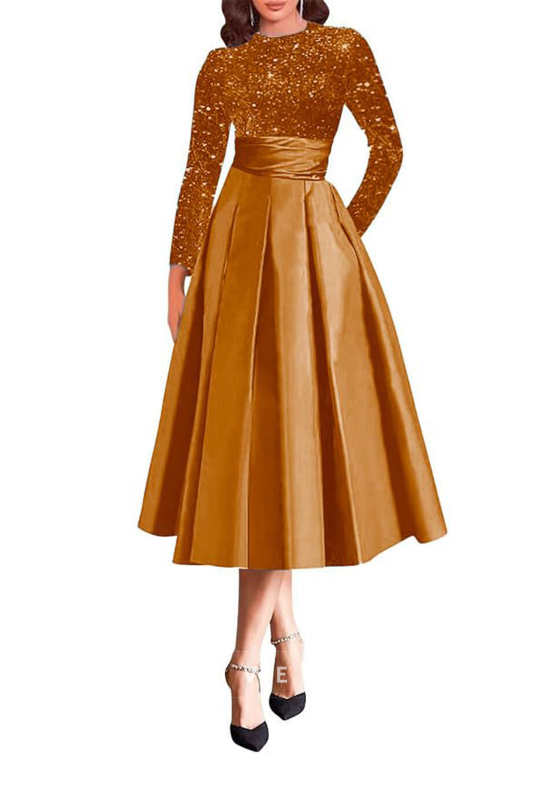 A Line High Neckline Sequins Long Sleeves Mother of the Bride Dress with Pockets