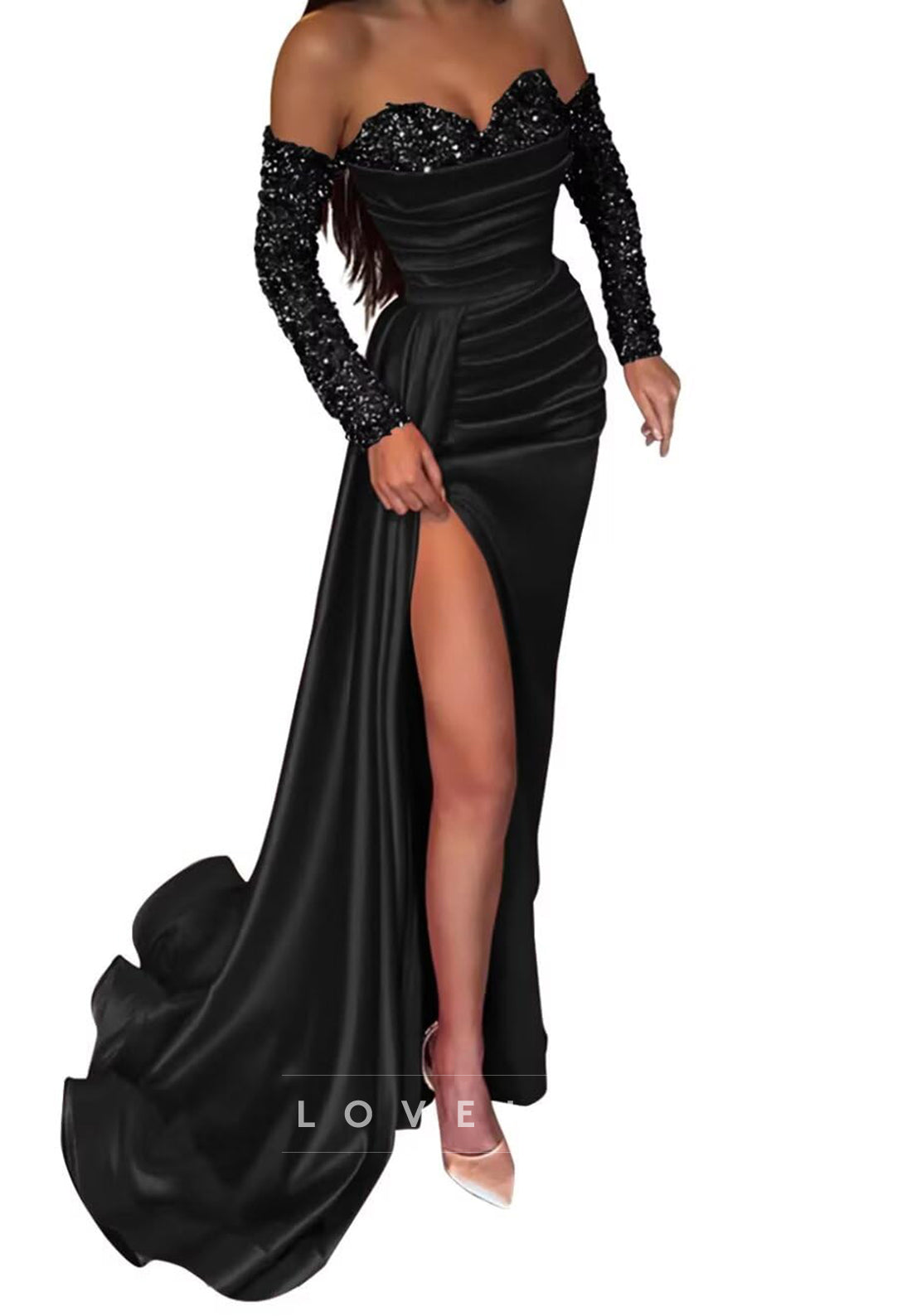 Sweetheart Sleeveless Sequins Ruched High Slit Sheath Prom Dress