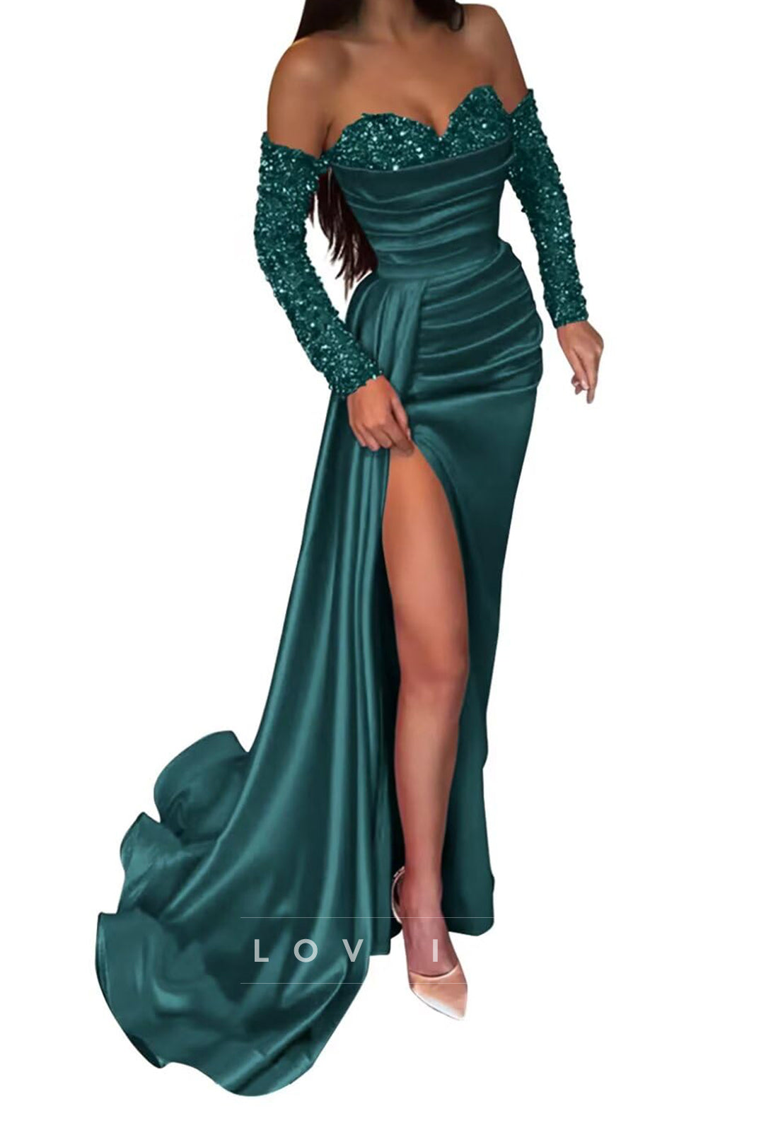 Sweetheart Sleeveless Sequins Ruched High Slit Sheath Prom Dress