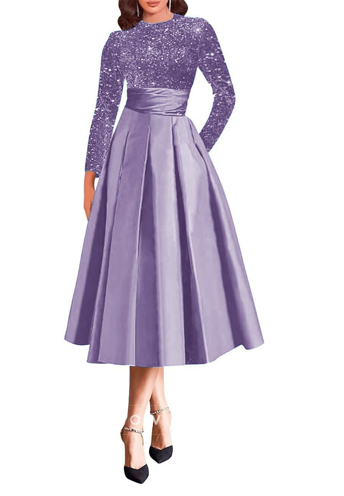 A Line High Neckline Sequins Long Sleeves Mother of the Bride Dress with Pockets