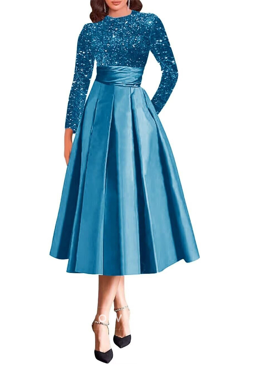 A Line High Neckline Sequins Long Sleeves Mother of the Bride Dress with Pockets