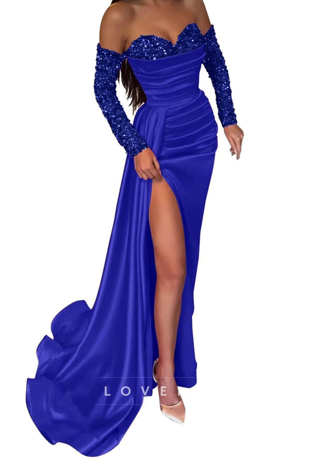 Sweetheart Sleeveless Sequins Ruched High Slit Sheath Prom Dress