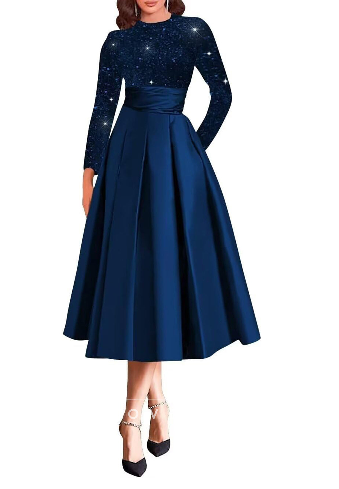 A Line High Neckline Sequins Long Sleeves Mother of the Bride Dress with Pockets
