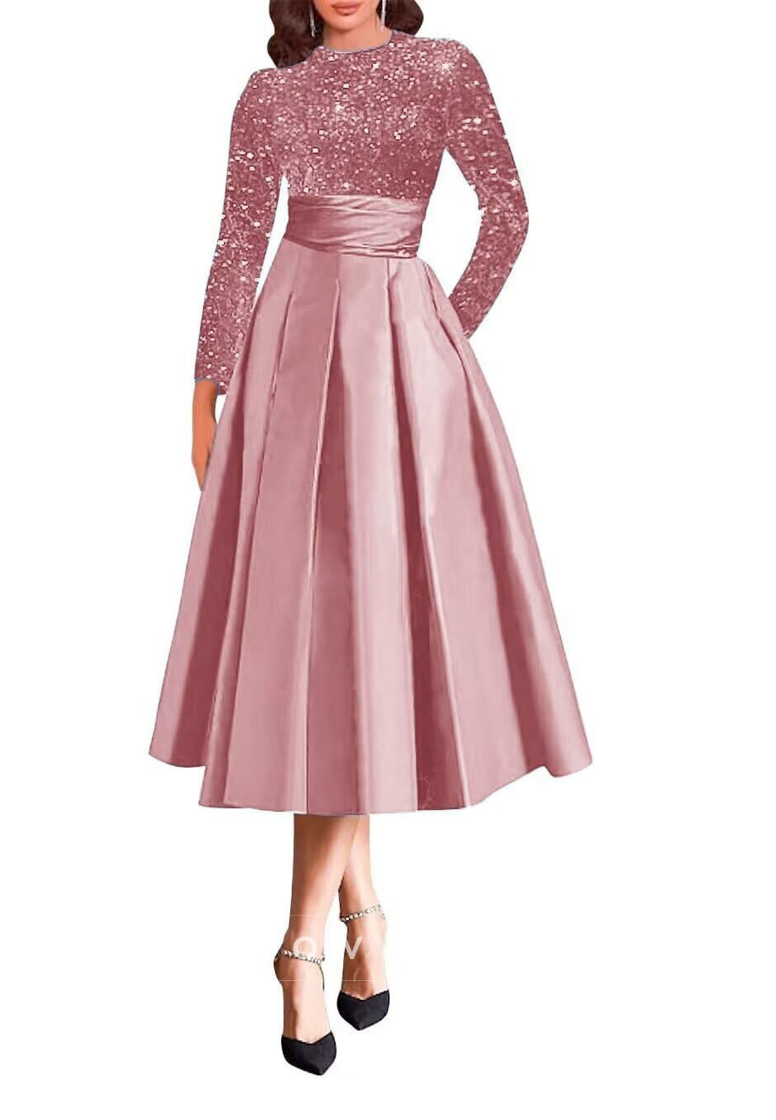 A Line High Neckline Sequins Long Sleeves Mother of the Bride Dress with Pockets