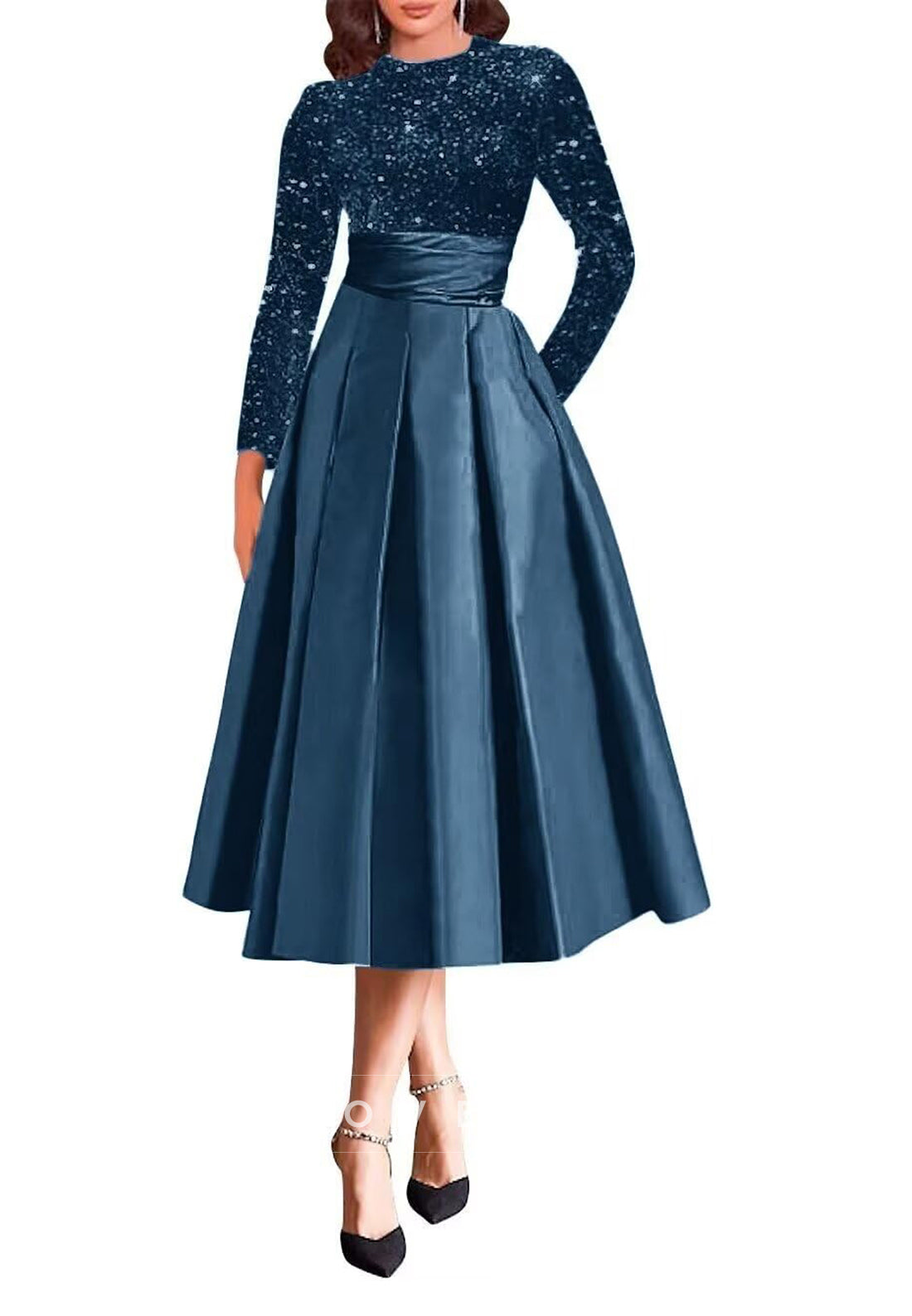 A Line High Neckline Sequins Long Sleeves Mother of the Bride Dress with Pockets