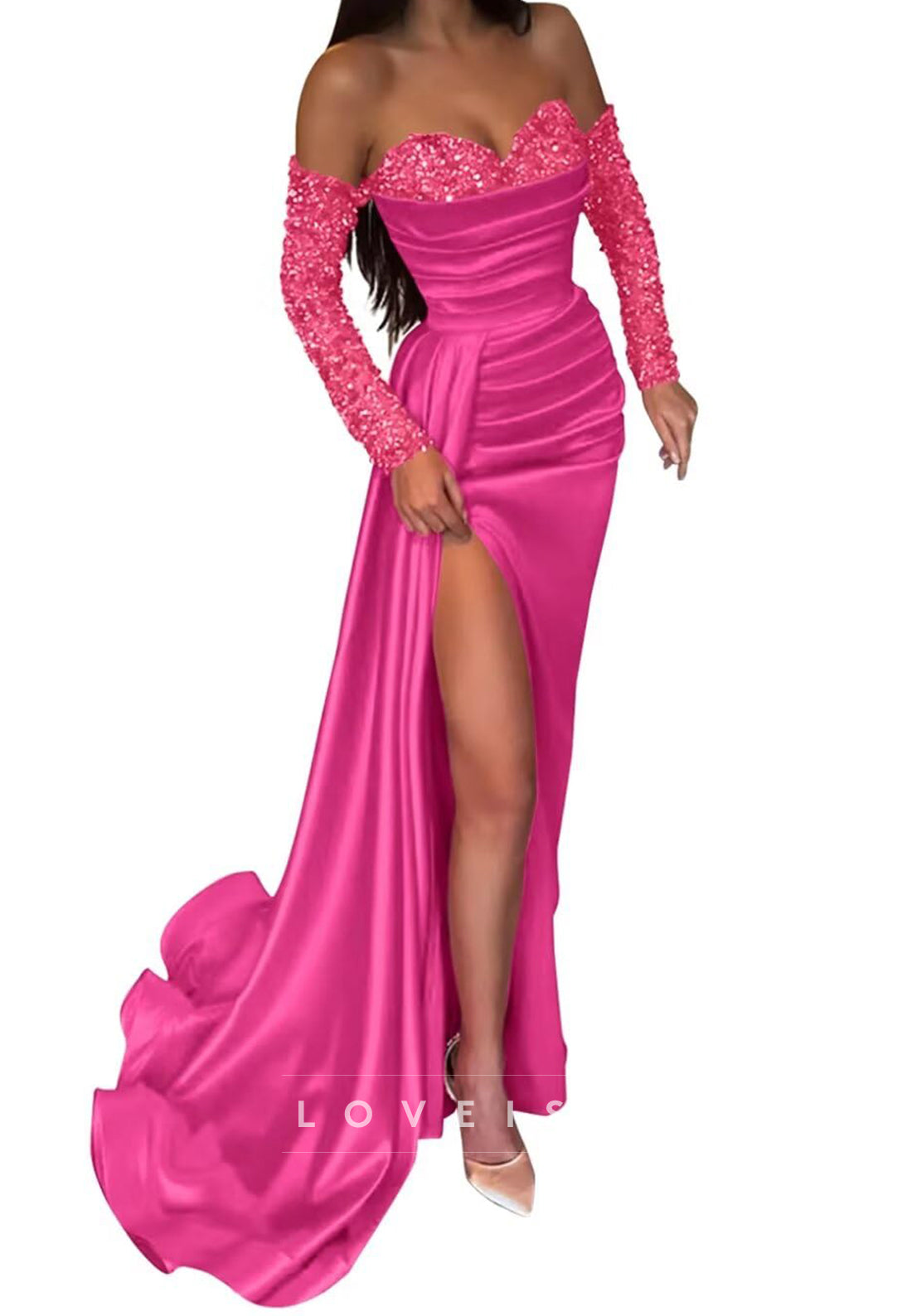 Sweetheart Sleeveless Sequins Ruched High Slit Sheath Prom Dress