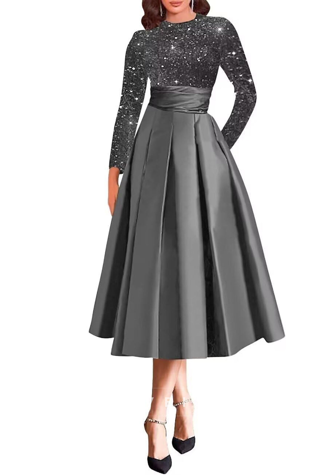 A Line High Neckline Sequins Long Sleeves Mother of the Bride Dress with Pockets