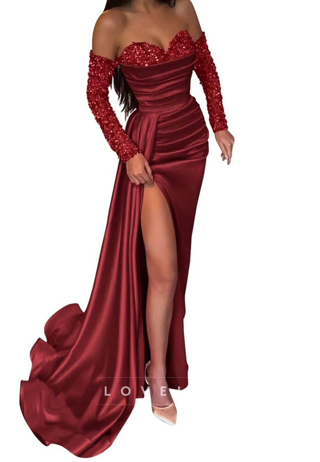 Sweetheart Sleeveless Sequins Ruched High Slit Sheath Prom Dress