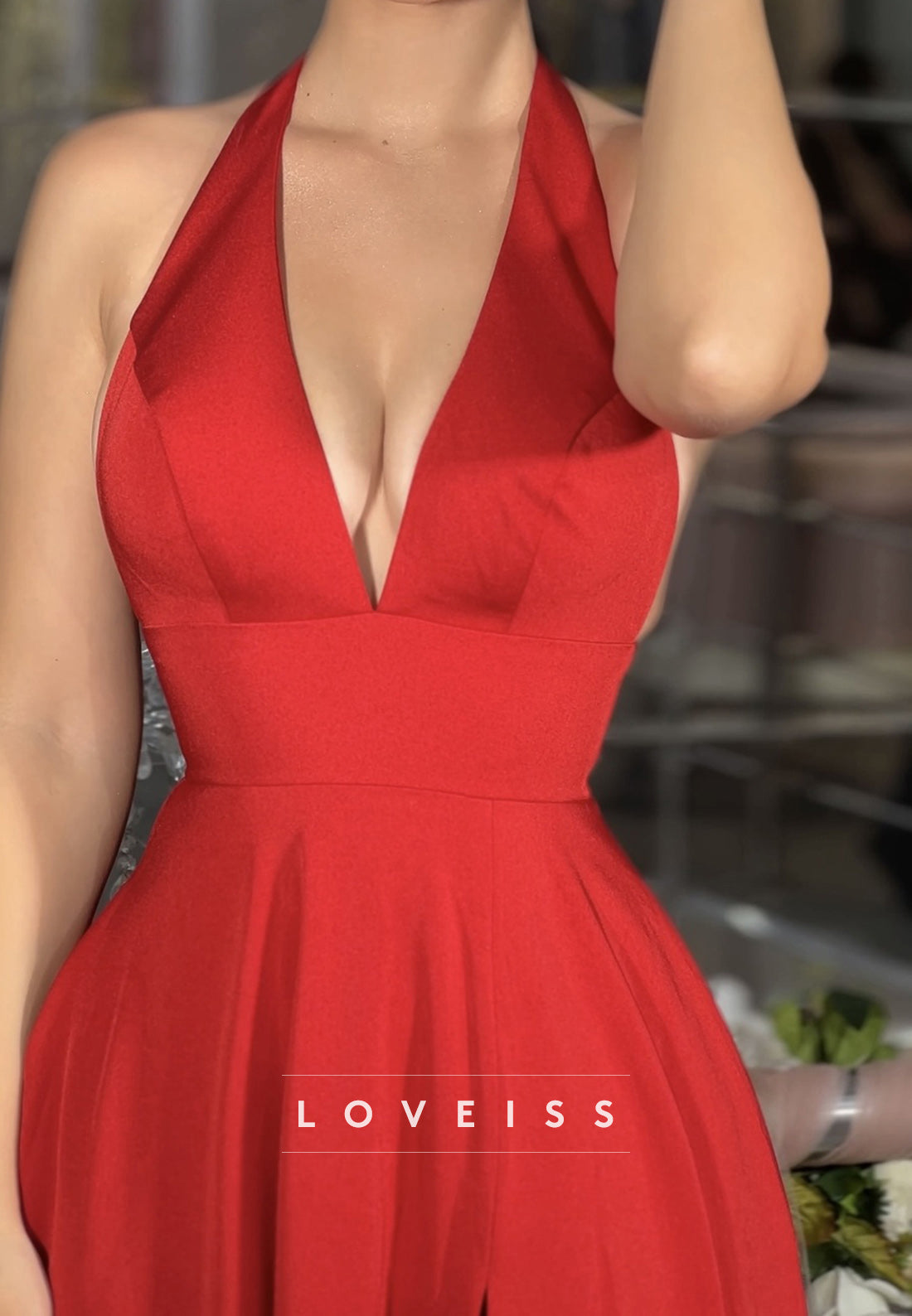 Low V-Neck Sleeveless Side Slit Open Back Pleated A-Line Prom Dress