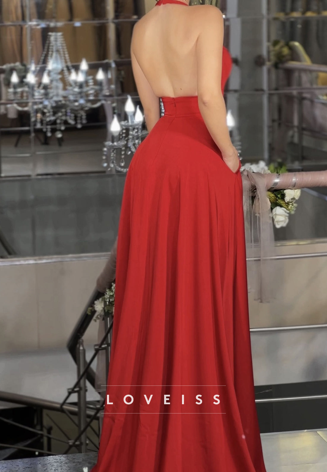 Low V-Neck Sleeveless Side Slit Open Back Pleated A-Line Prom Dress