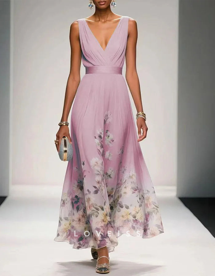 Romantic Light Blue Chiffon Gown with Floral Hem and Deep V-Neck