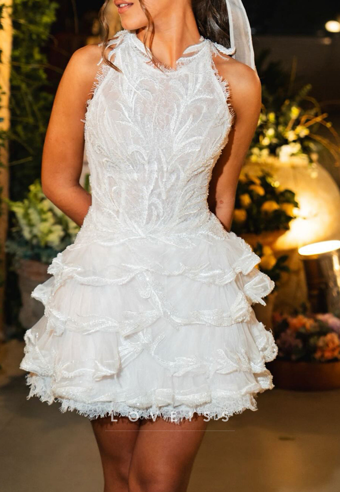 Scoop Appliques Tiered Short A-Line Wedding Dress