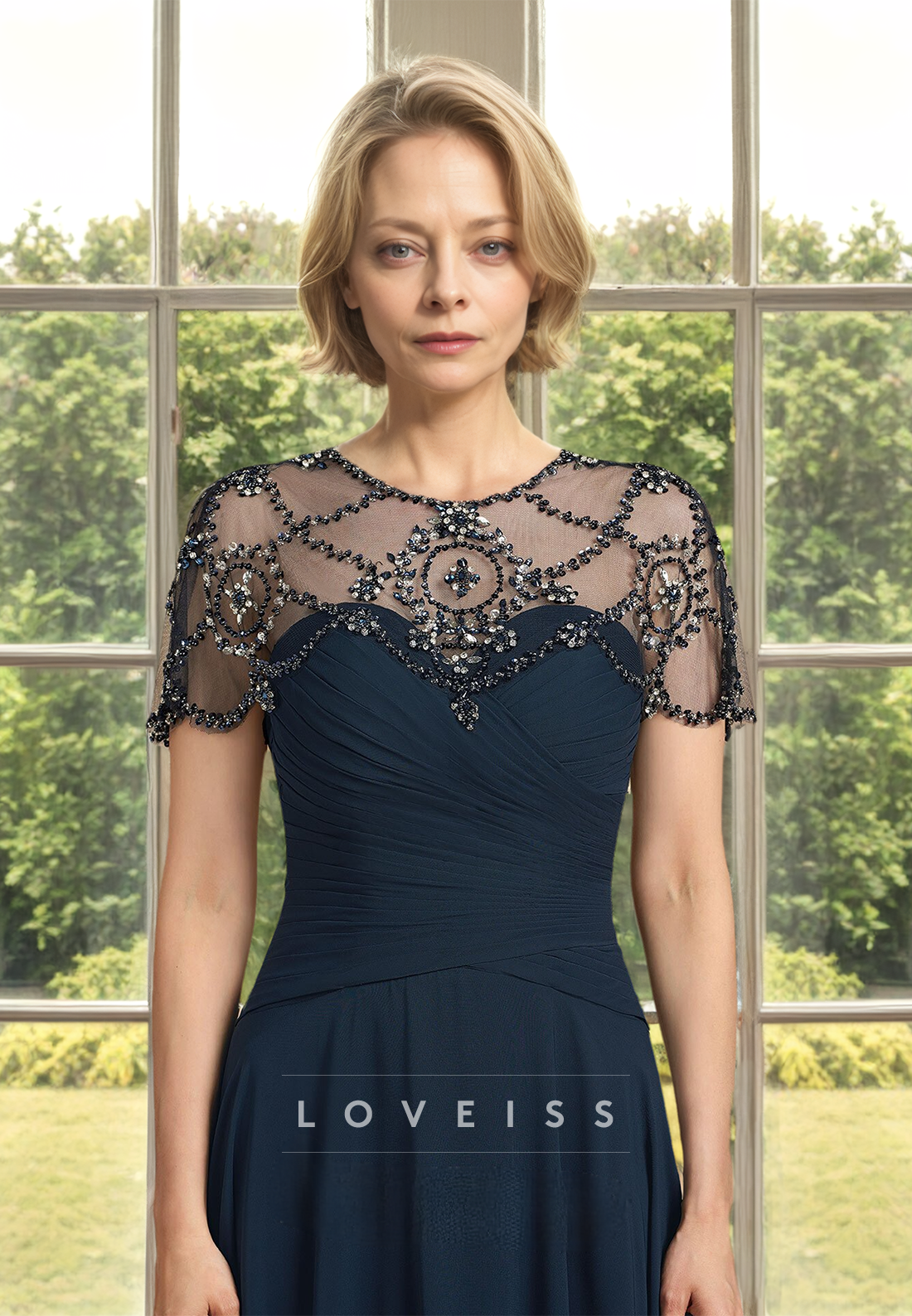 Scoop Cap Sleeves Appliques Pleated A-Line Mother of Bride Dress