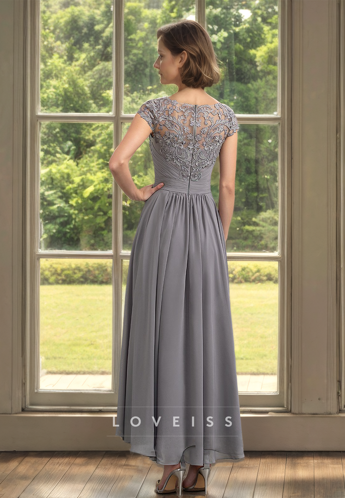 Scoop Cap Sleeves Pleated Chiffon A-Line Mother of Bride Dress