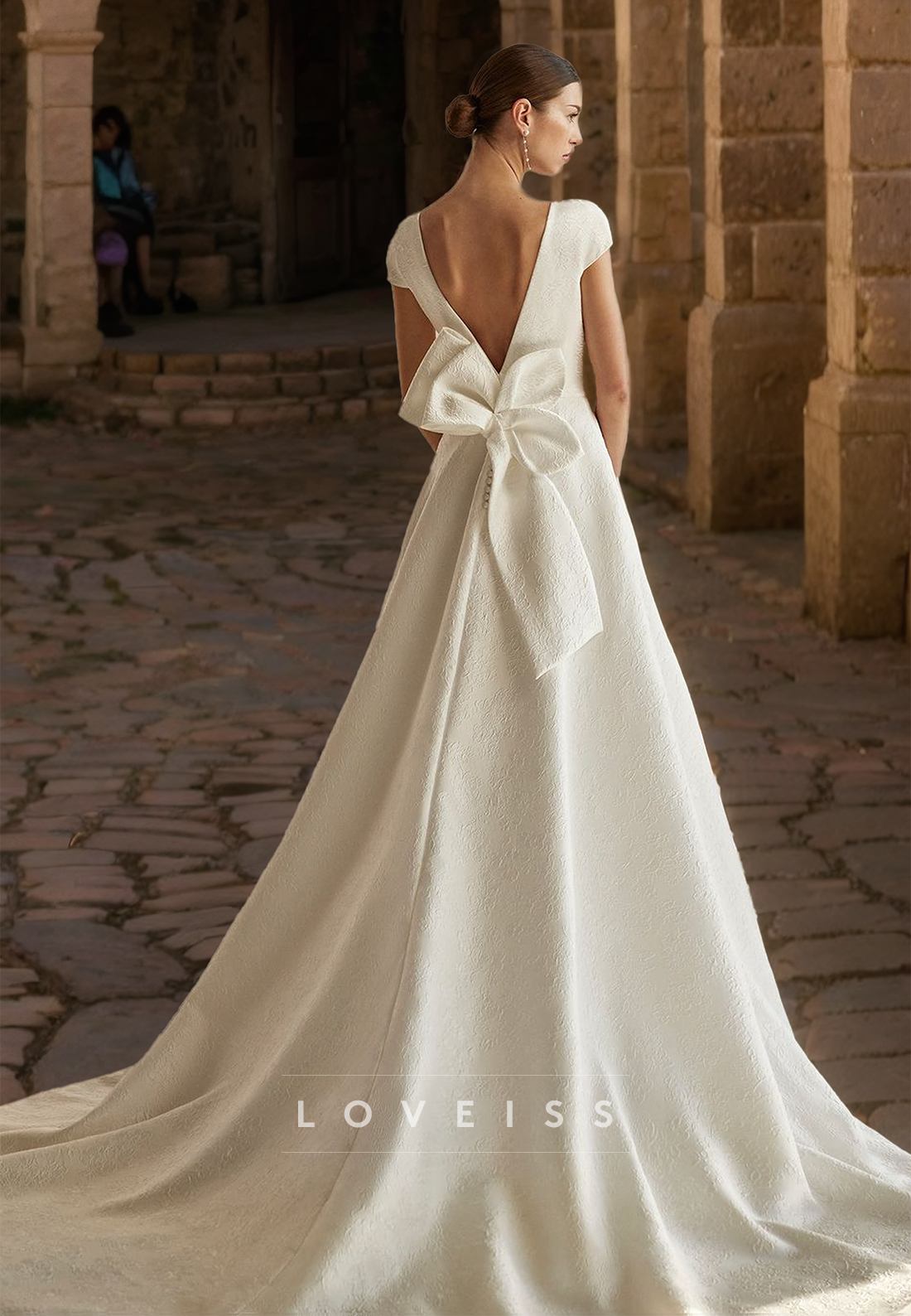 Scoop Cap Sleeves Sleek Bowknot A-Line Satin Wedding Dress