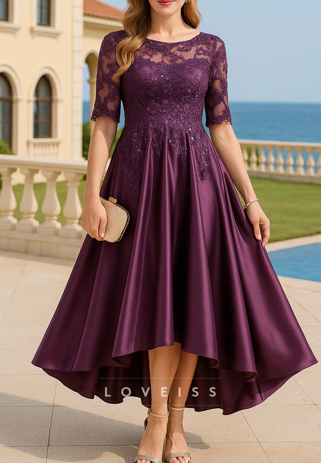 Scoop Half Sleeves Appliques A-Line Mother of Bride Dress