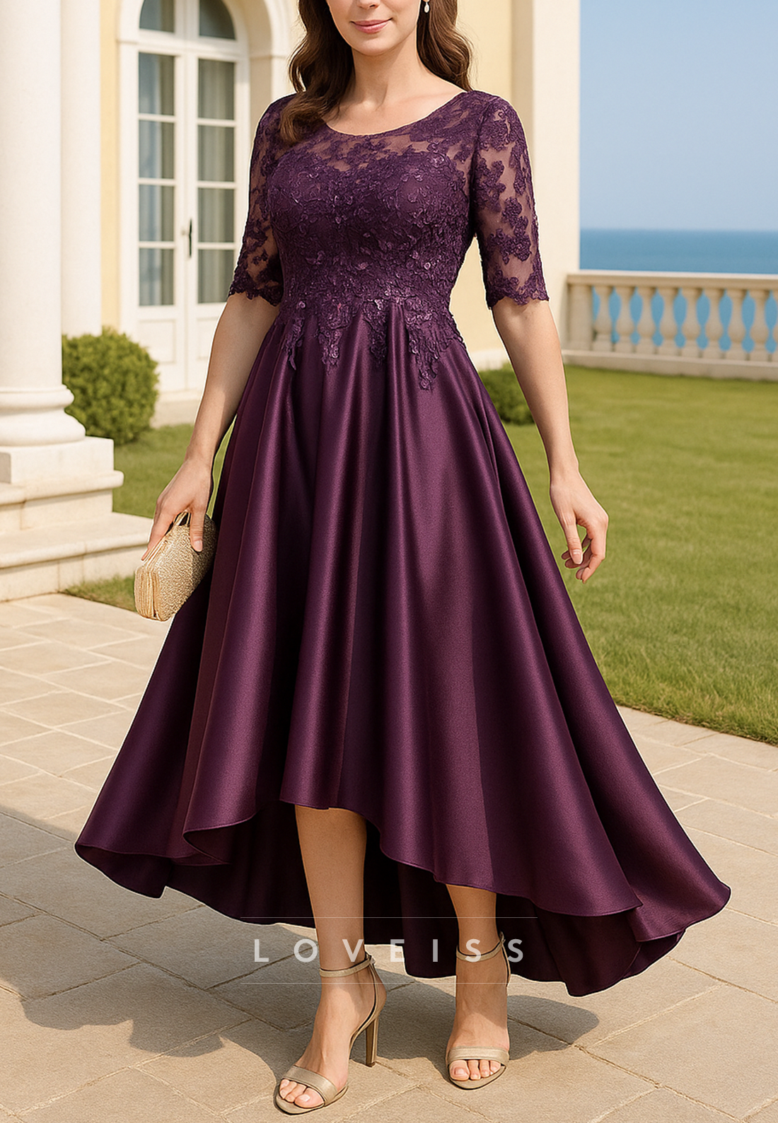 Scoop Half Sleeves Appliques A-Line Mother of Bride Dress
