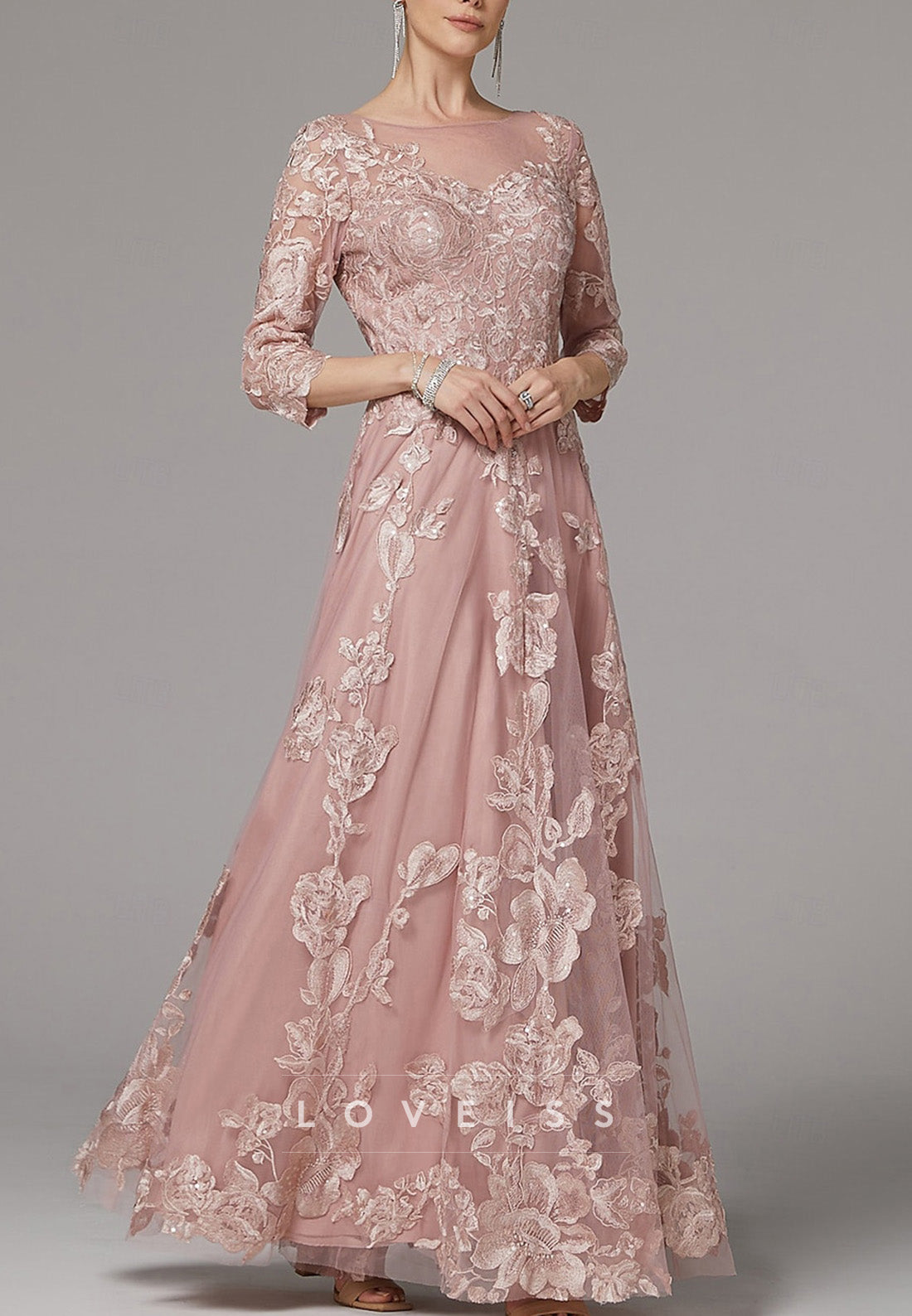 Scoop Half Sleeves Floral Appliques A-Line Mother of Bride Dress