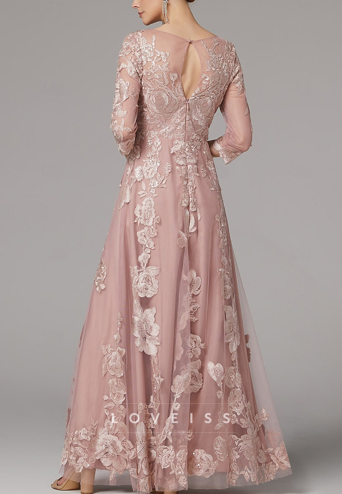 Scoop Half Sleeves Floral Appliques A-Line Mother of Bride Dress