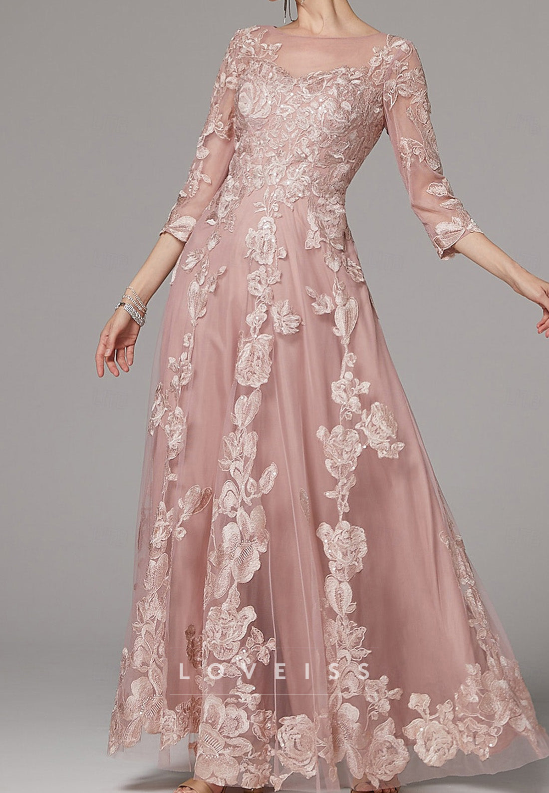 Scoop Half Sleeves Floral Appliques A-Line Mother of Bride Dress
