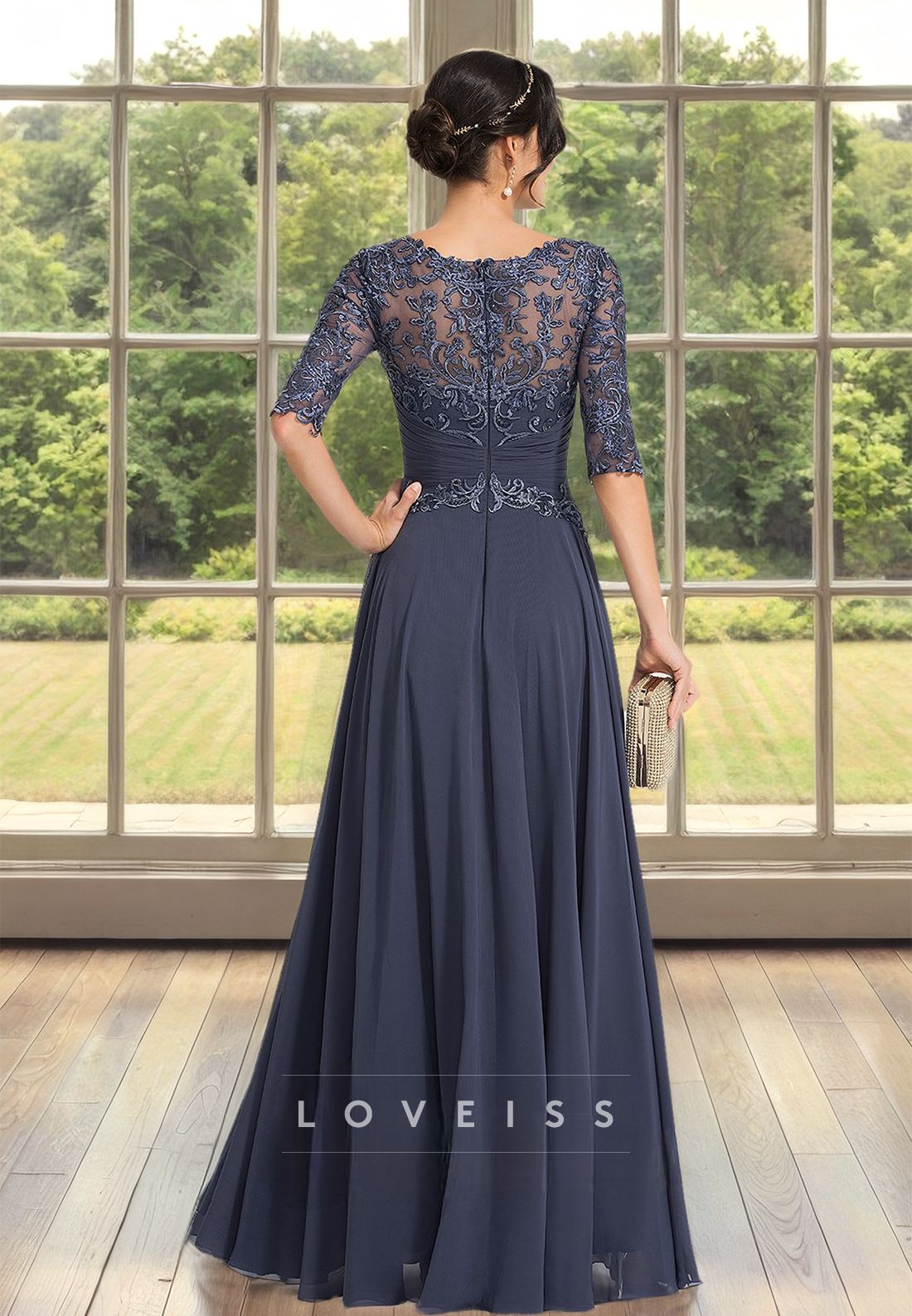 Scoop Half Sleeves Lace Appliques Chiffon A-Line Mother of Bride Dress