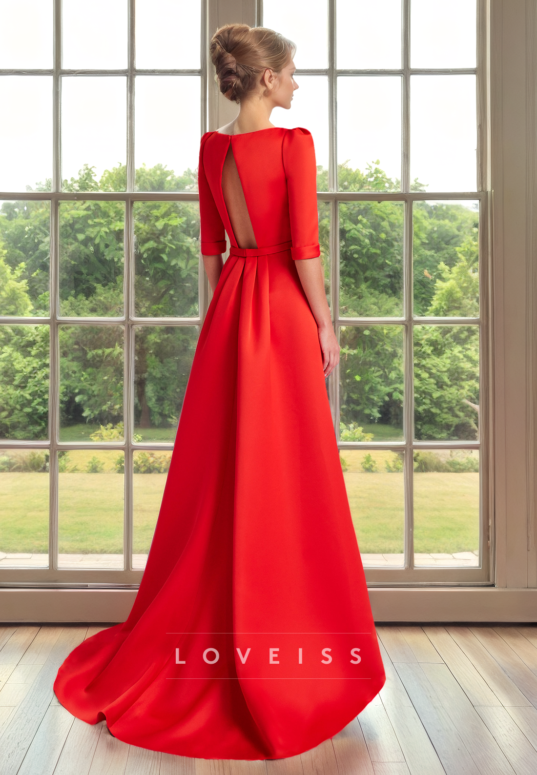 Scoop Half Sleeves Sleek Satin A-Line Mother of Bride Dress Cocktail Dress