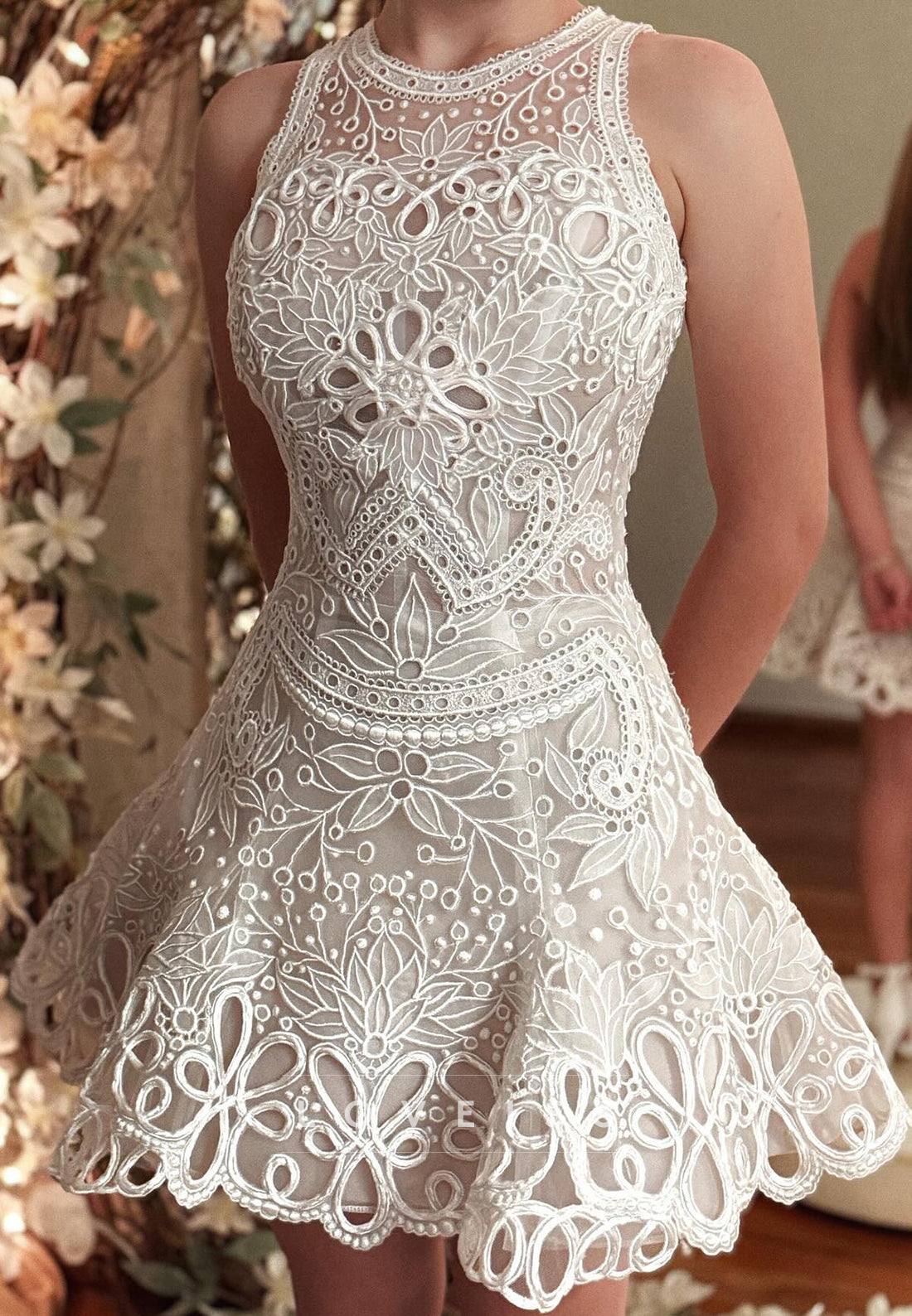 Scoop Lace Appliques Sleeveless A-Line Short Wedding Dress