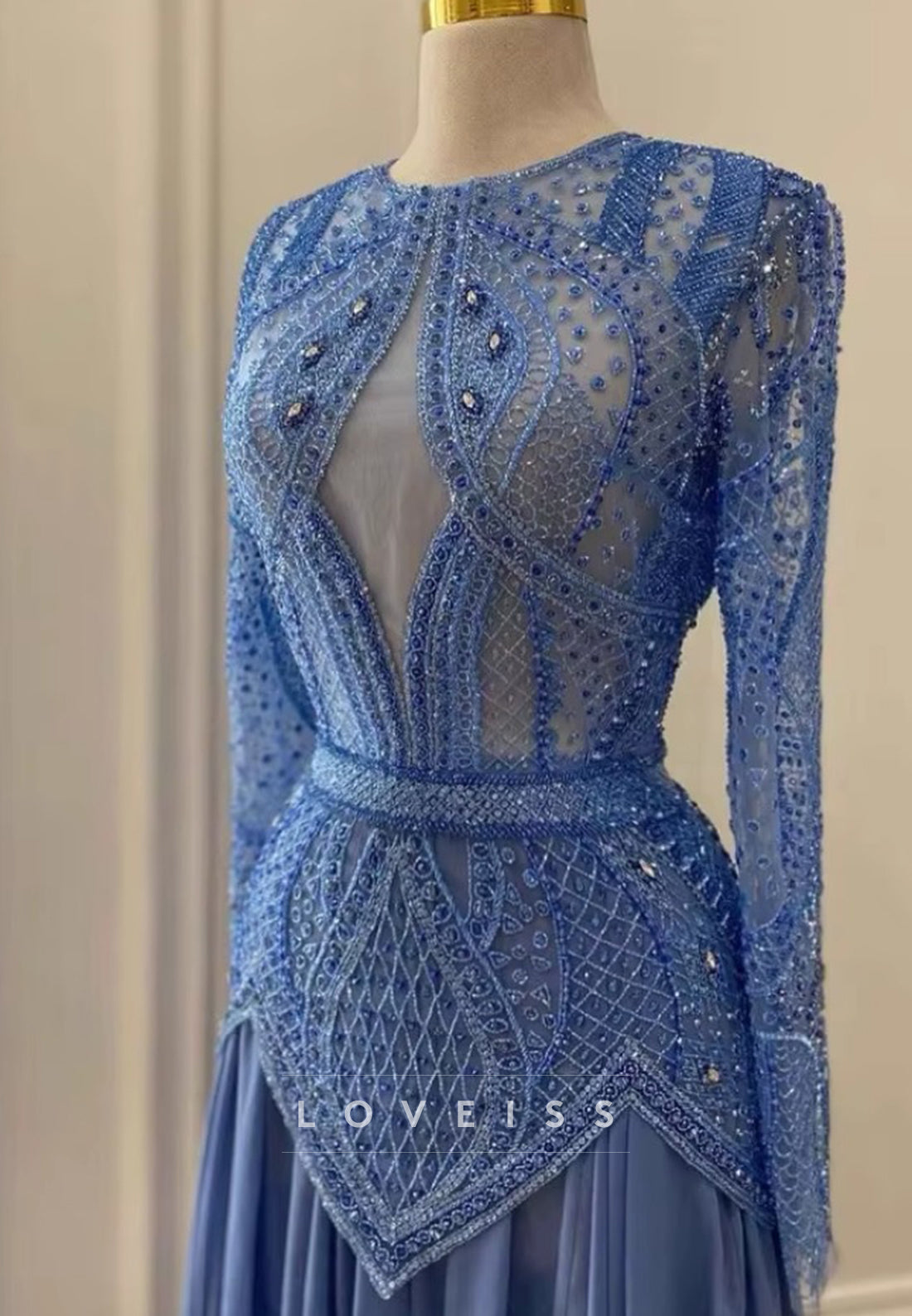 Scoop Long Sleeves Appliques Pleated A-Line Evening Dress