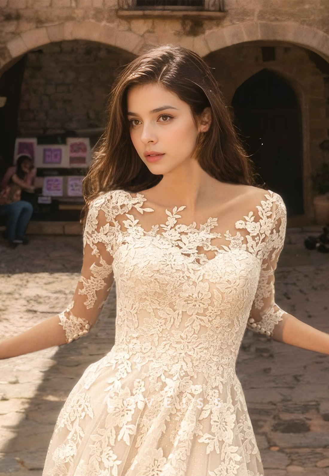 Scoop Long Sleeves Appliques Pleated A-Line Wedding Dress