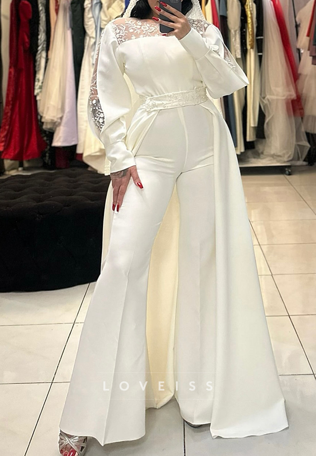 Scoop Long Sleeves Appliques Satin Wedding Jumpsuit