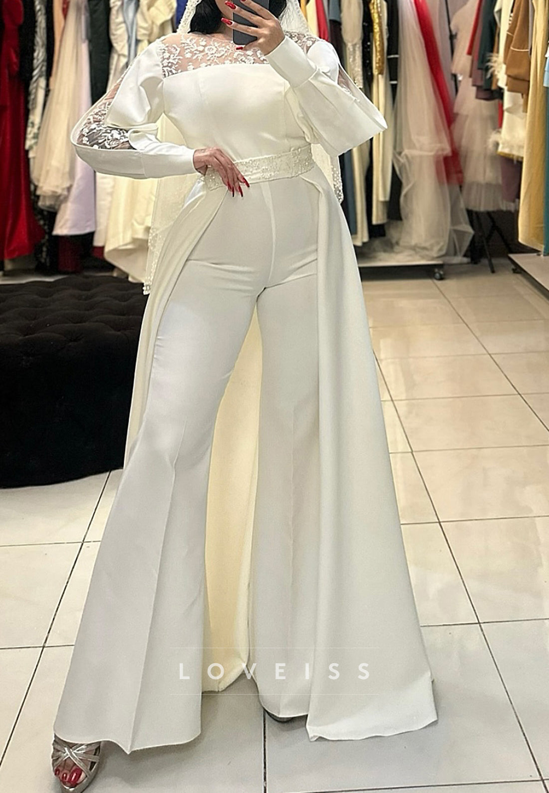 Scoop Long Sleeves Appliques Satin Wedding Jumpsuit