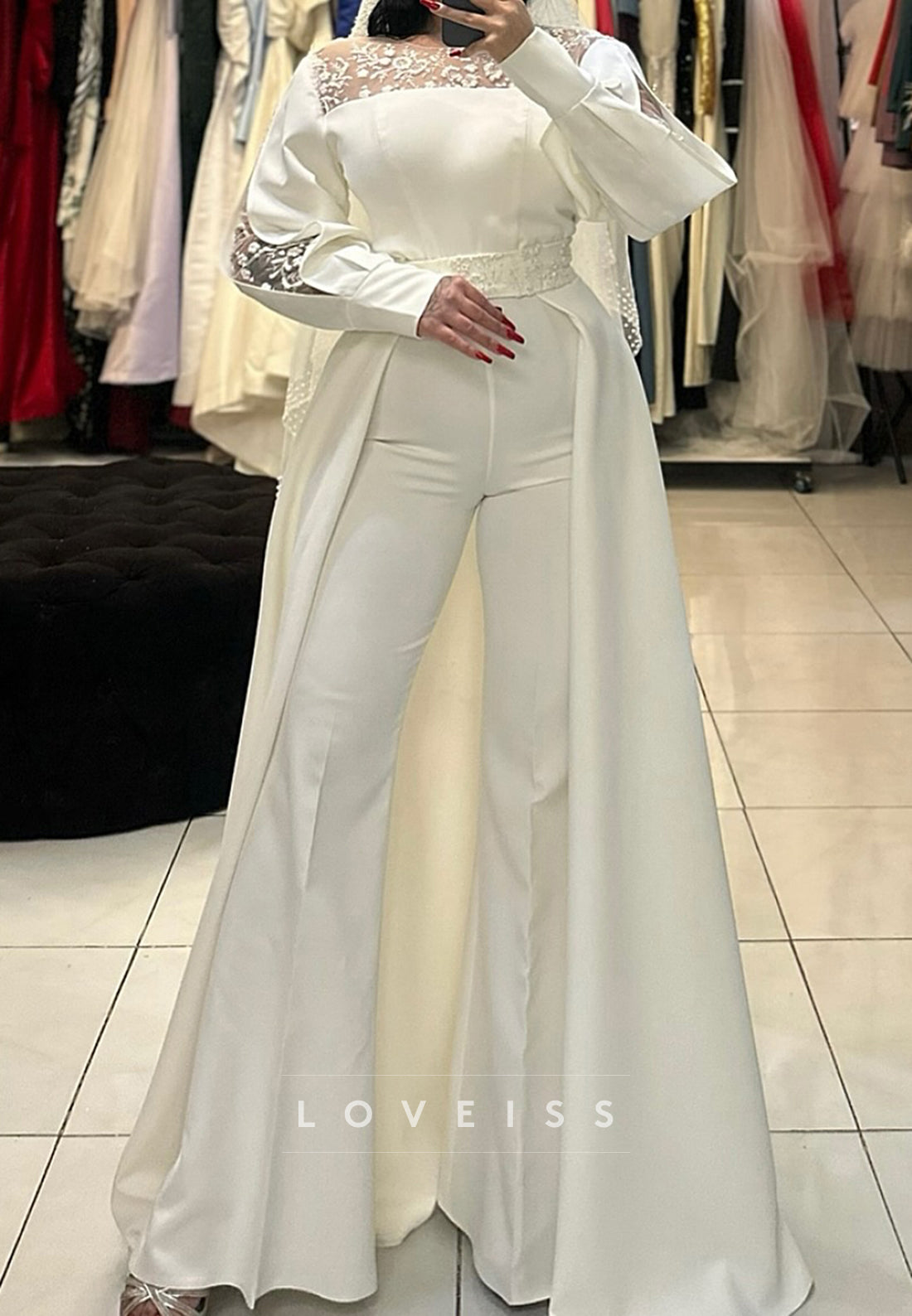Scoop Long Sleeves Appliques Satin Wedding Jumpsuit