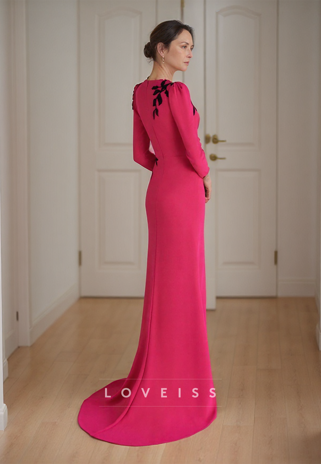 Scoop Long Sleeves Appliques Sheath Mother of Bride Dress